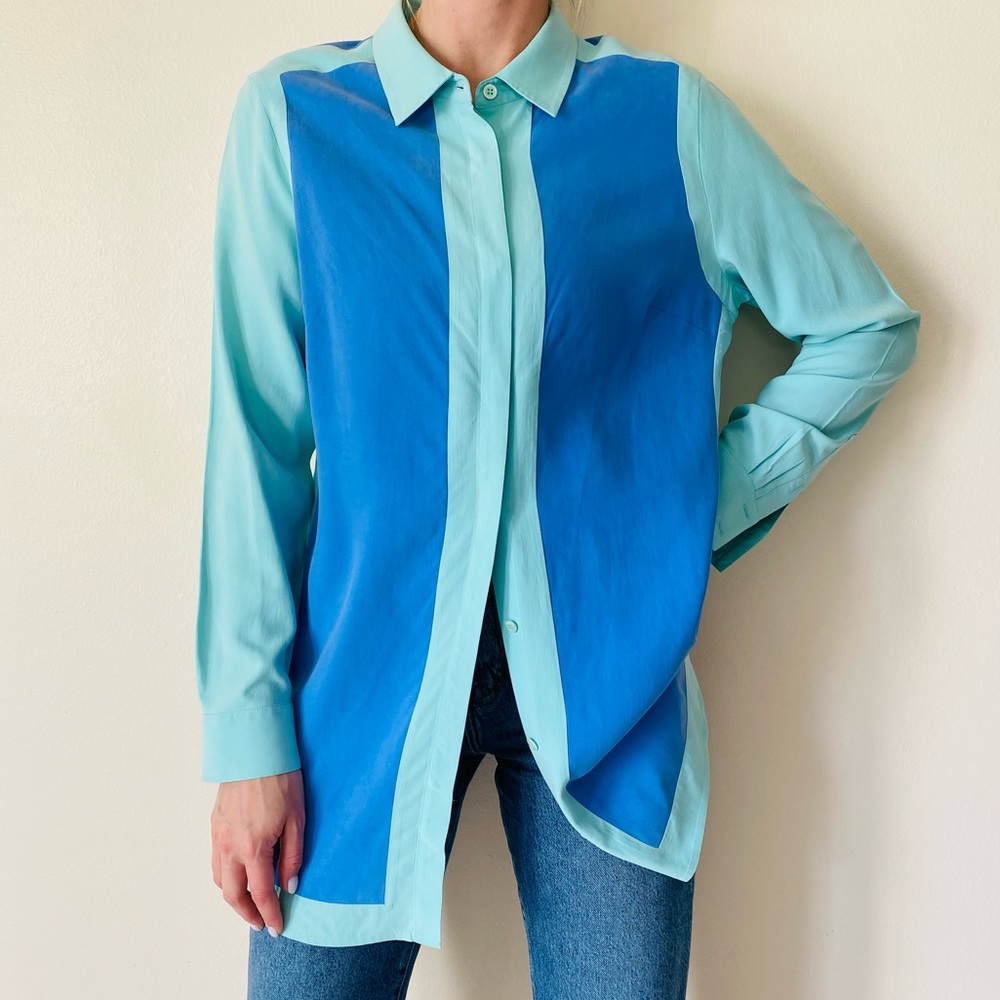 Soft Surroundings 100% Silk Color-Block button down shirt top